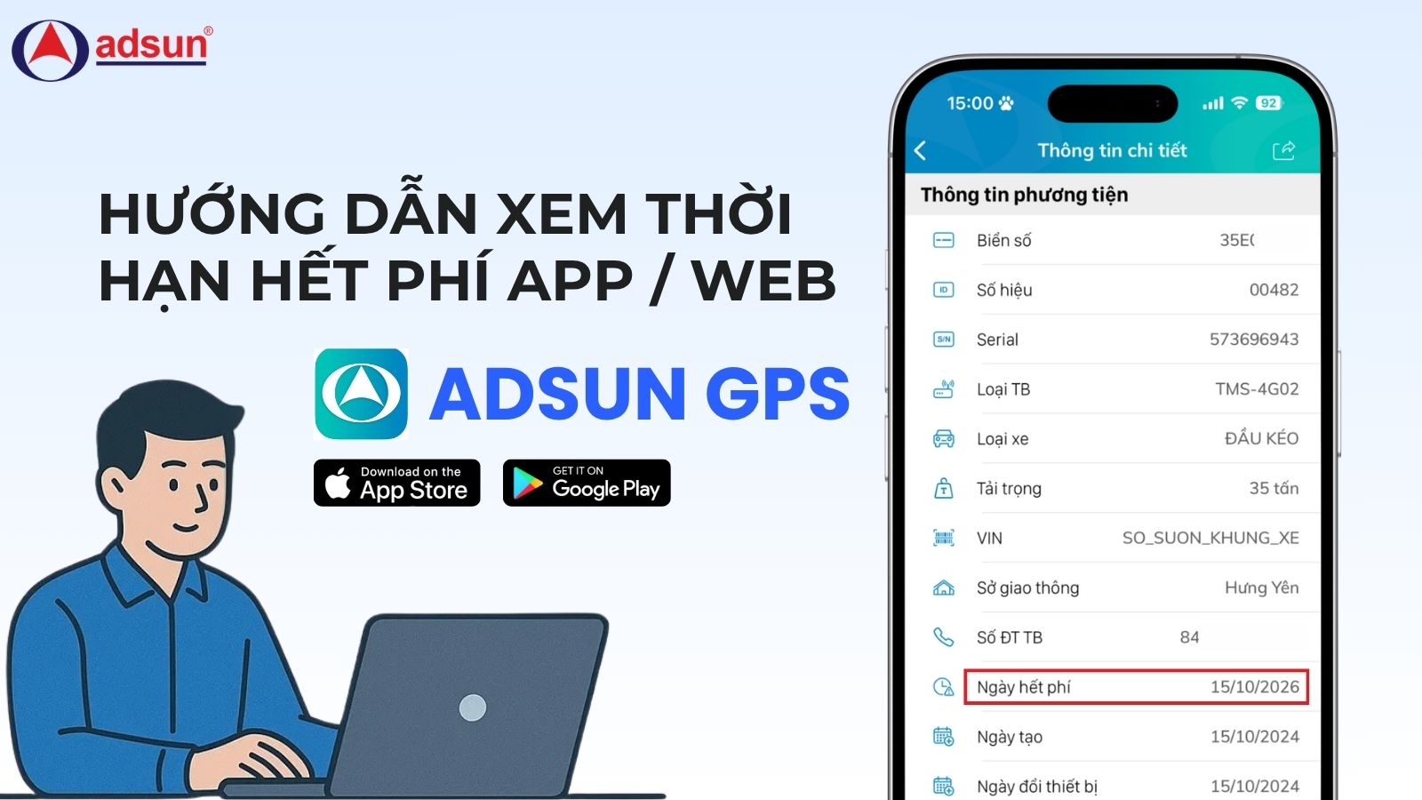 Hướng dẫn cách xem thời hạn hết phí trên App Adsun GPS / Website