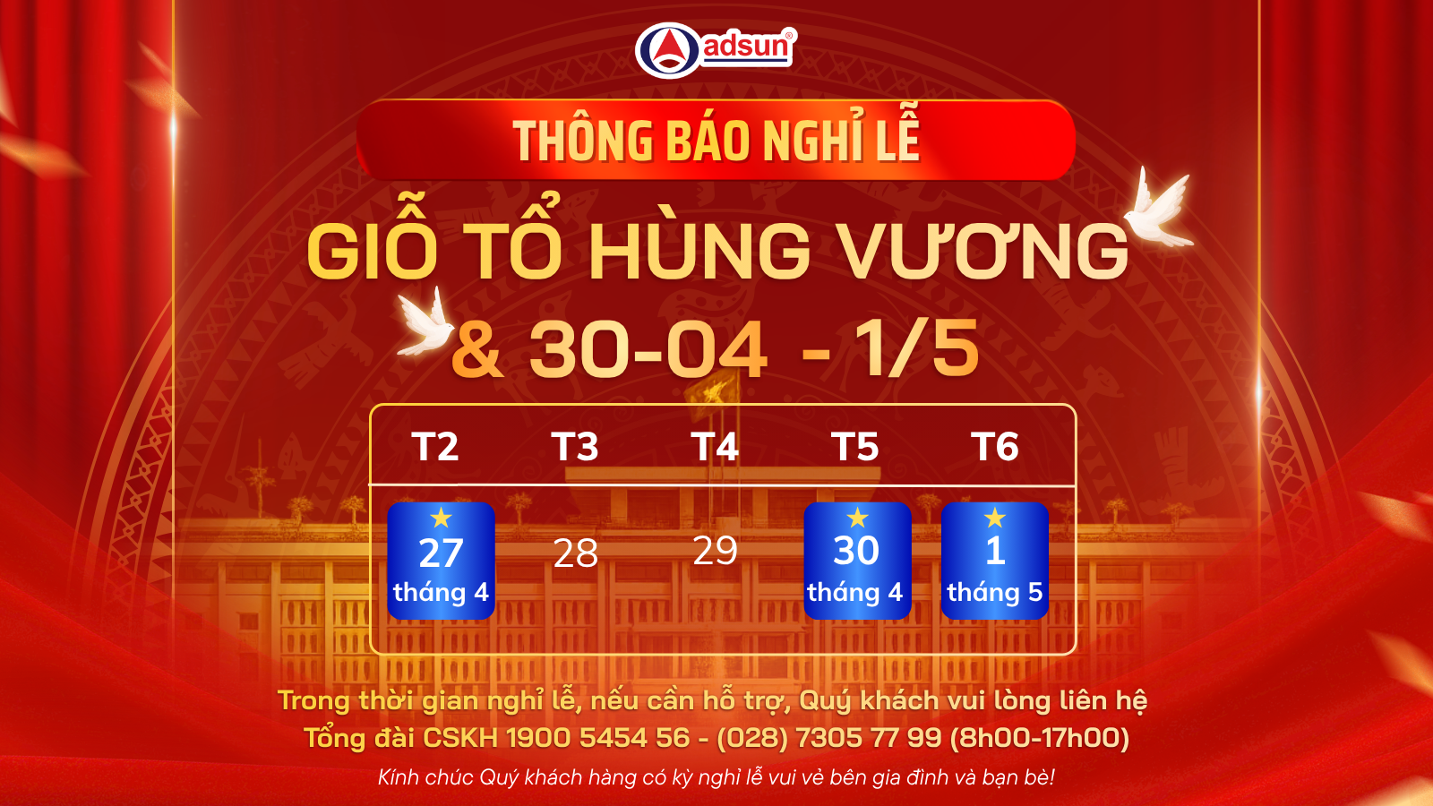 [THÔNG BÁO] LỊCH NGHỈ LỄ GIỖ TỔ HÙNG VƯƠNG, 30/04 & 01/05 NĂM 2026